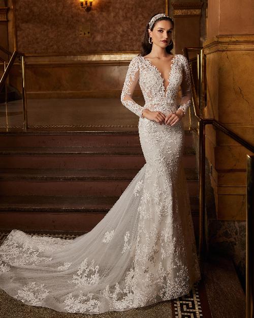 122115 long sleeve lace wedding dress with open back and sheath silhouette1